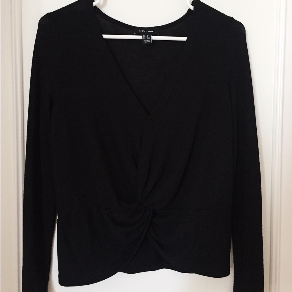 Long sleeve deep v neck ruched top (black)